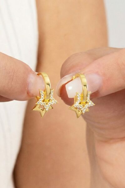 Gümüş Altın Yaldızlı Zirkon Taşlı Yıldız Sallantılı Halka Küpe SGTL11152GOLD