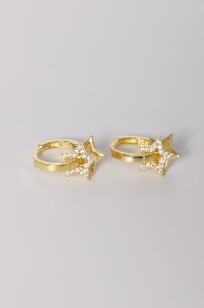 Gümüş Altın Yaldızlı Zirkon Taşlı Yıldız Sallantılı Halka Küpe SGTL11152GOLD