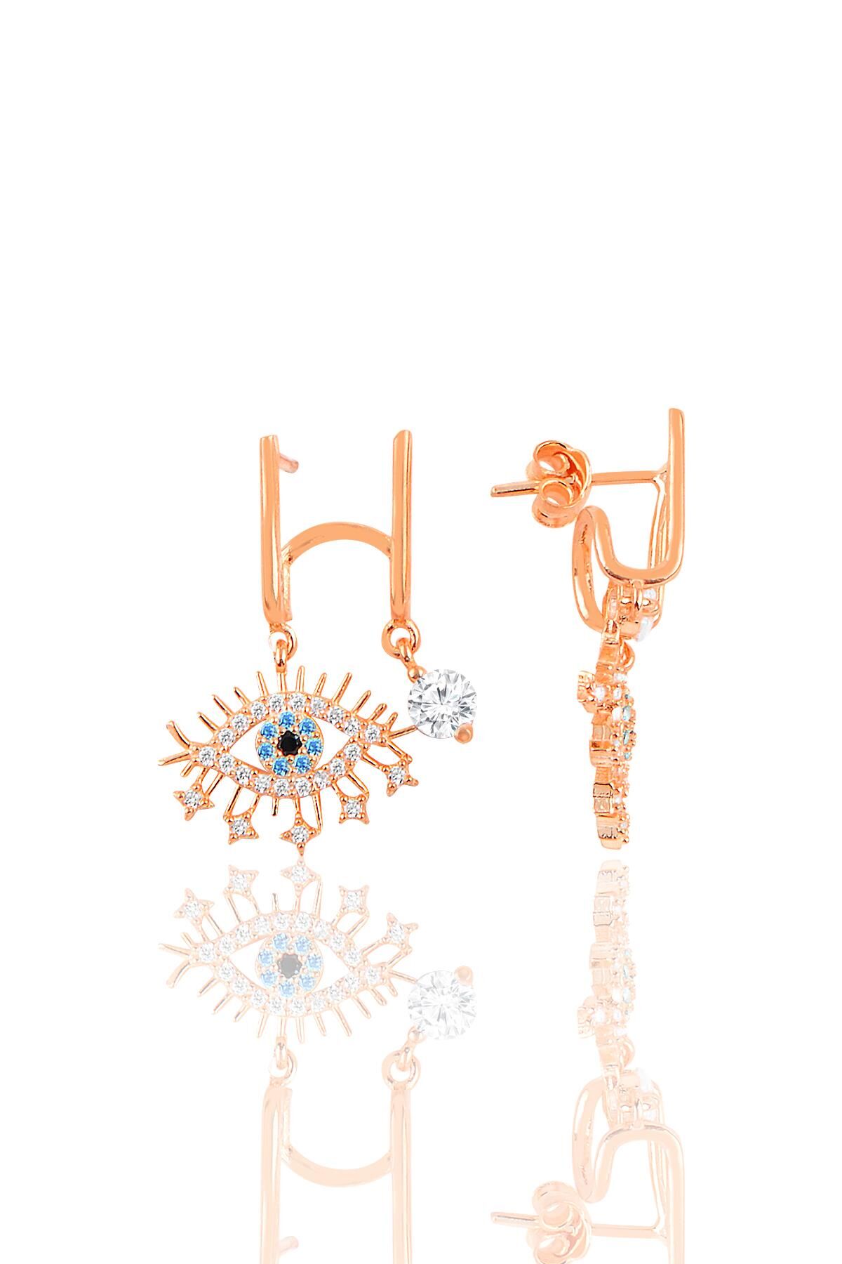 Gümüş rose zirkon taşlı çift görünümlü gümüş lareyn kupe SGTL10696ROSE