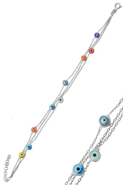 Gümüş rodyumlu, renkli cam göz nazar üç zincirli gümüş bileklik SGTL10613RODAJ