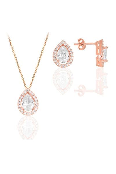 Gümüş rose zirkon taşlı damla modeli ikili set SGTL11516BEYAZ