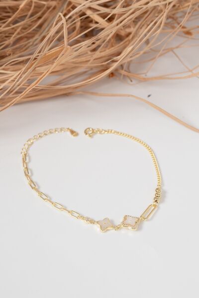 925 ayar gümüş altın yaldızlı ataç zincir detaylı ikili yonca gümüş bileklik SGTL13062GOLD