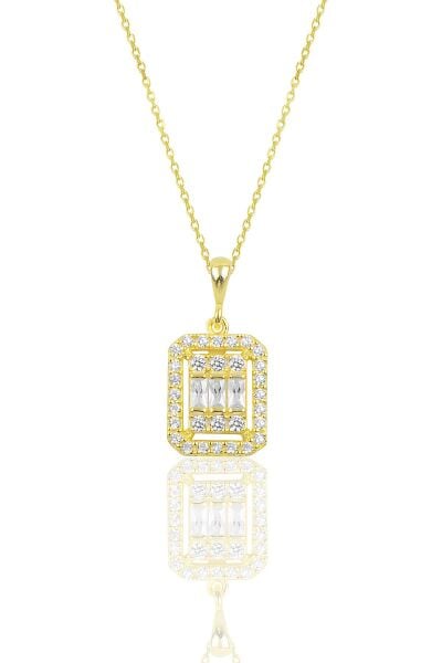Gümüş altın yaldızlı baget taşlı kolye SGTL10124GOLD