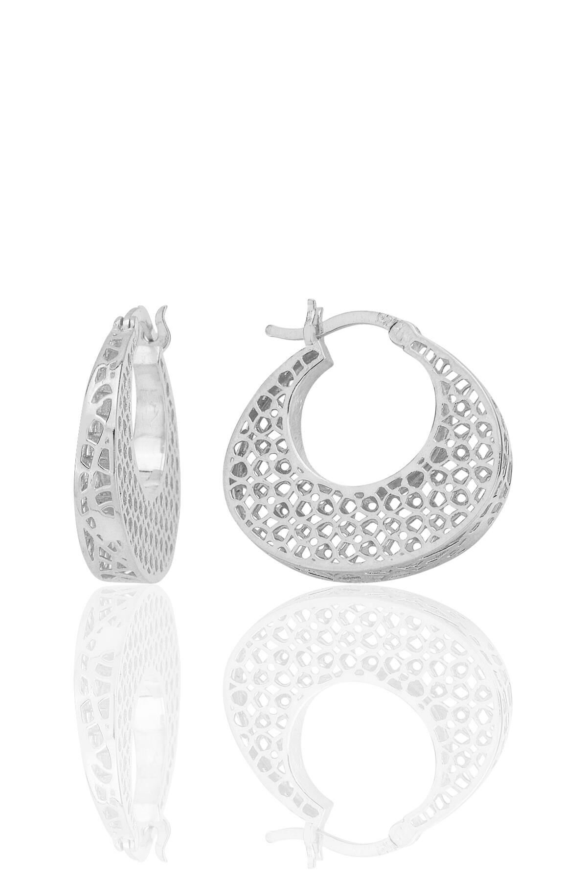 Gümüş beyaz altın rodyumlu özel işçilikli petek modeli füzyon halka küpe SGTL12540RODAJ