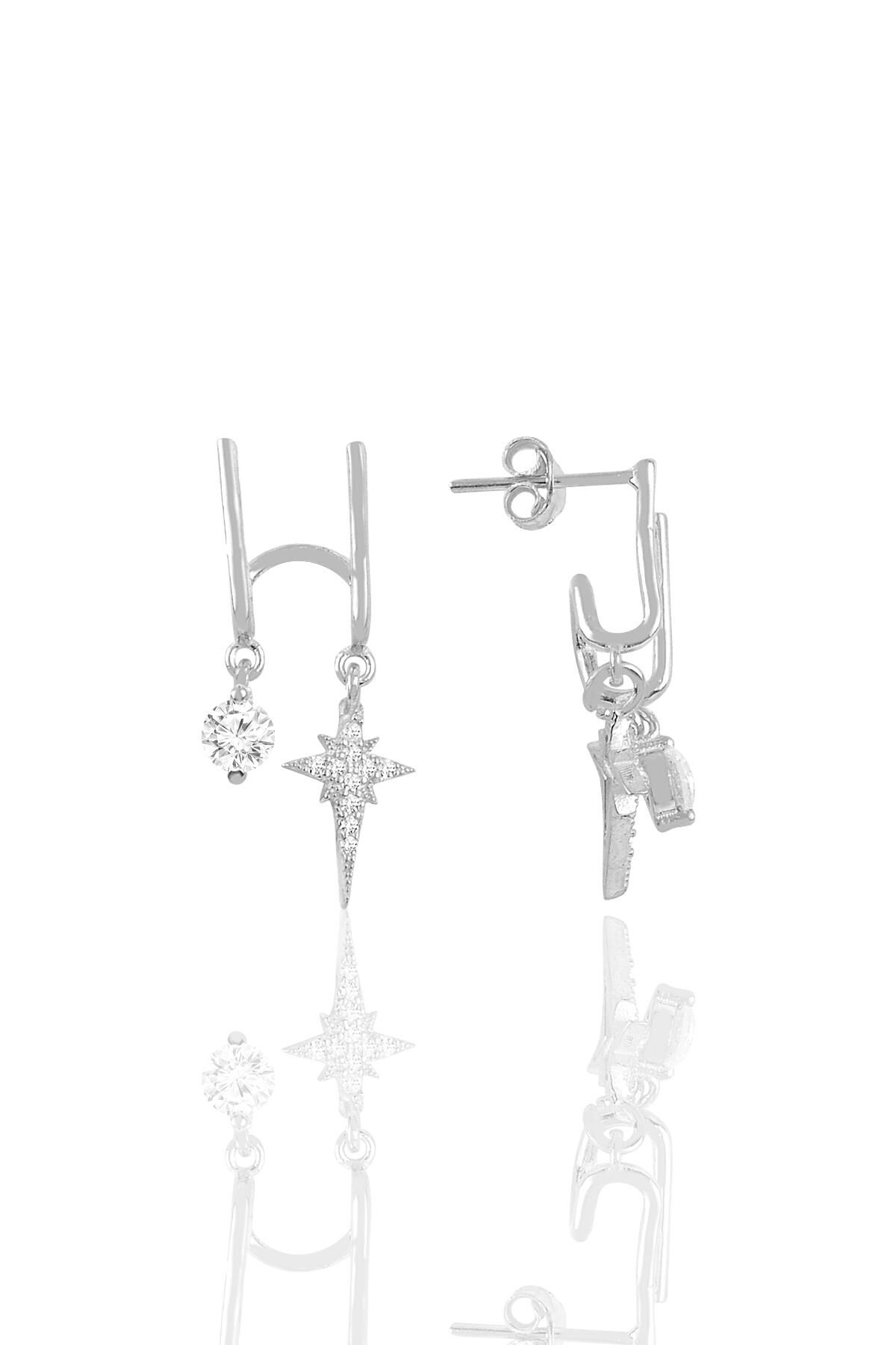 Gümüş rodyumlu  zirkon taşlı çift görünümlü gümüş kutup yıldızı kupe SGTL10697RODAJ