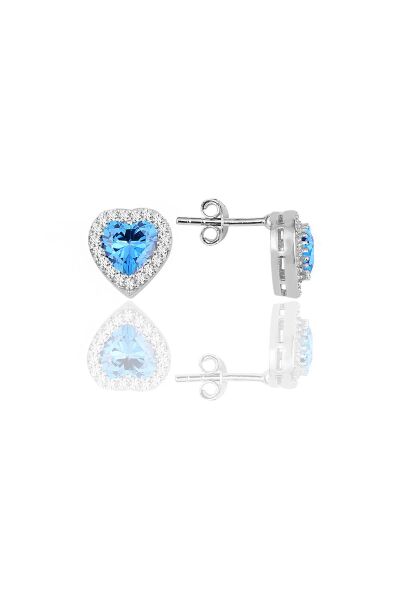 Gümüş rodyumlu akuamarin taşlı pırlanta modeli kalp kolye ve küpe ikili set SGTL10139MAVI