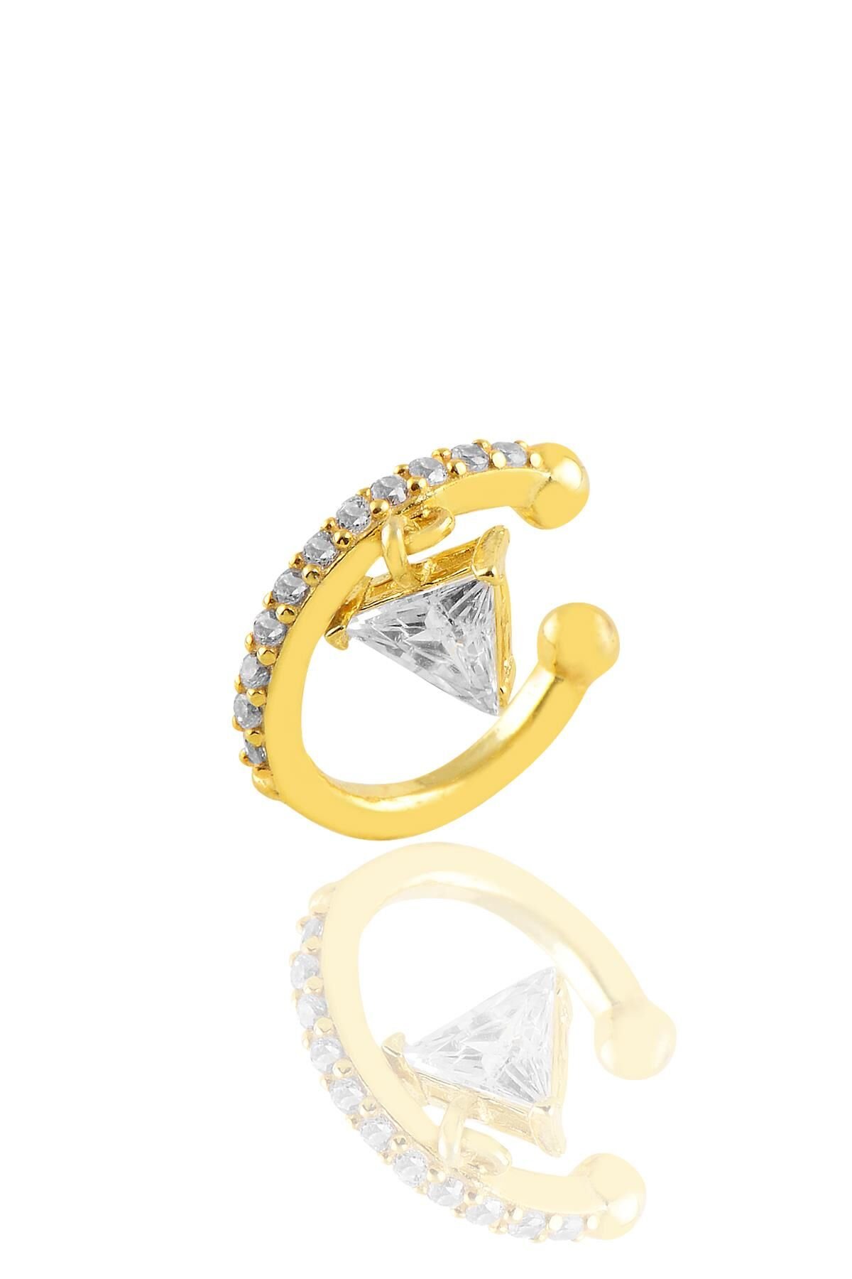 Gümüş altın yaldızlı  taşlı üçgen sallantılı gümüş kıkırdak küpe SGTL10698GOLD