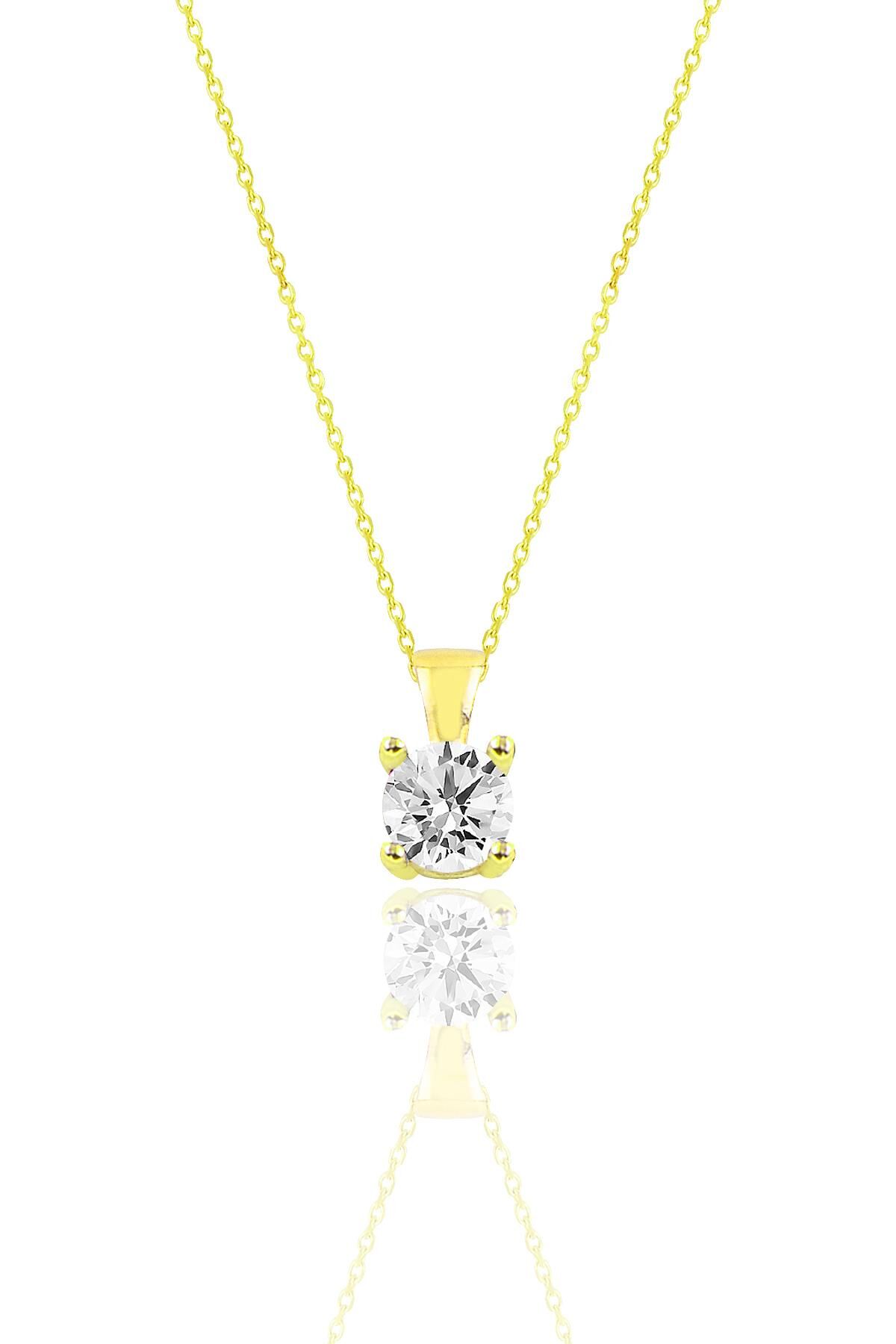 Gümüş Altın Yaldızlı Pırlanta Modeli Zirkon Tek Taş Kolye SGTL10138GOLD