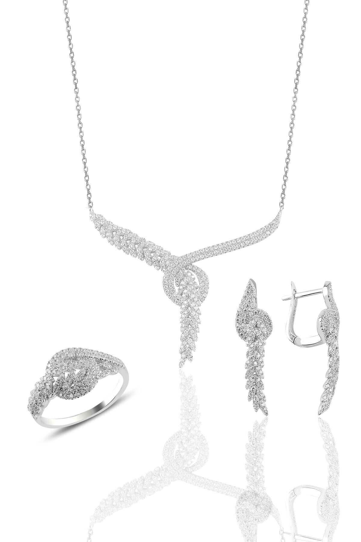 Gümüş rodyumlu  pırlanta modeli beyaz altın görünümlü kolye küpe ve yüzük seti SGTL10941