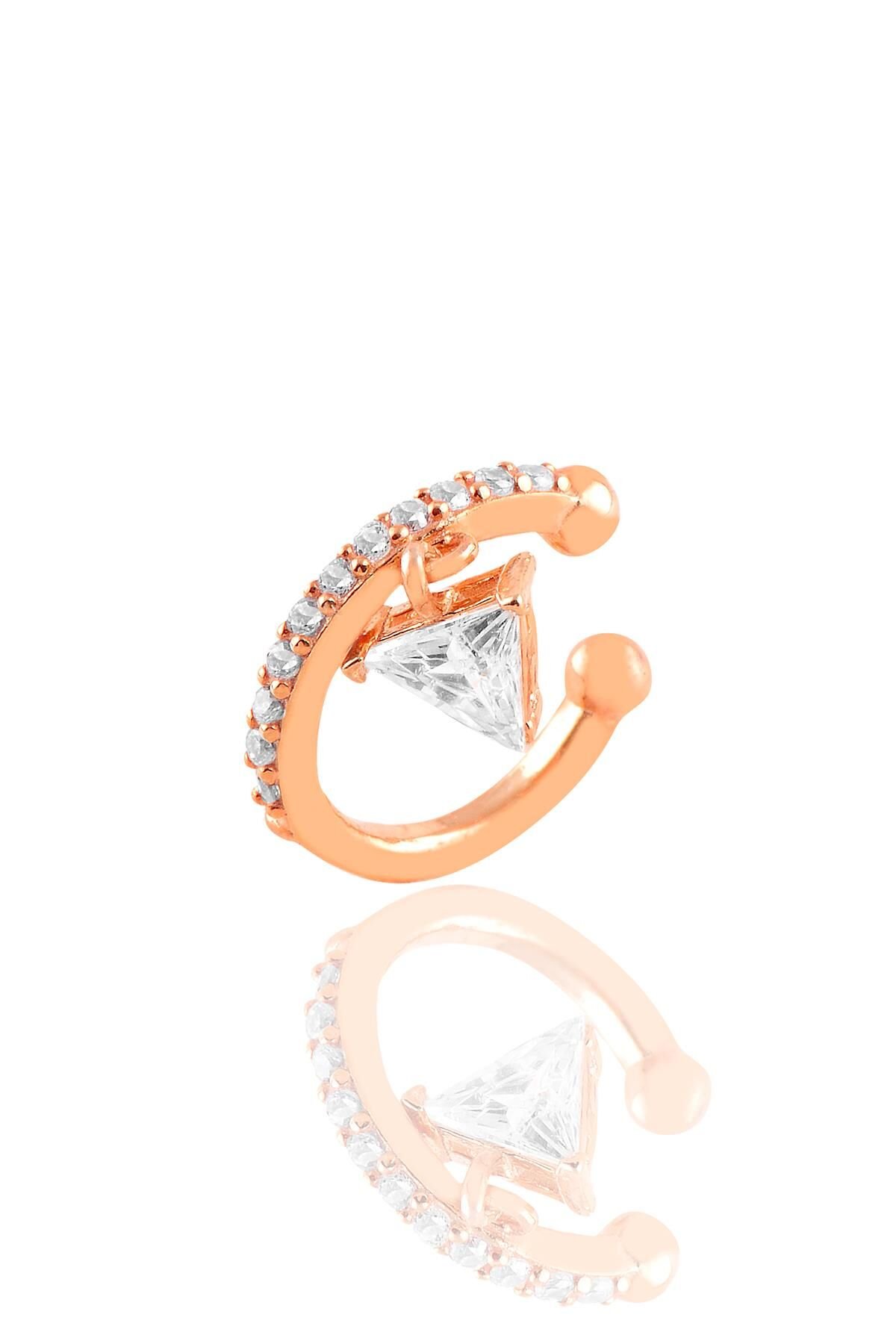Gümüş rose  taşlı üçgen sallantılı gümüş kıkırdak küpe SGTL10698ROSE