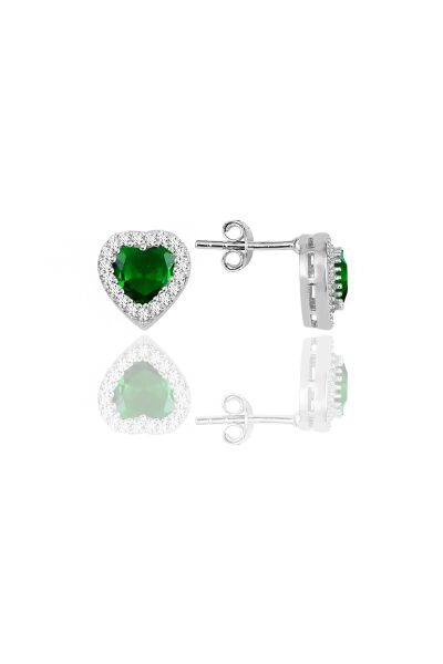 Gümüş rodyumlu kök zümrüt taşlı pırlanta modeli kalp kolye ve küpe ikili set SGTL10139YESIL