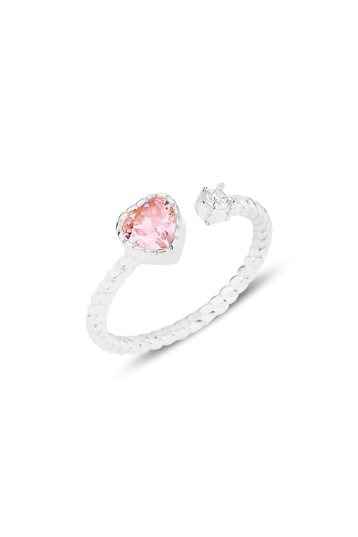 Gümüş rodyumlu pembe taşlı kalp modeli ayarlamalı yüzük SGTL12179RODAJ