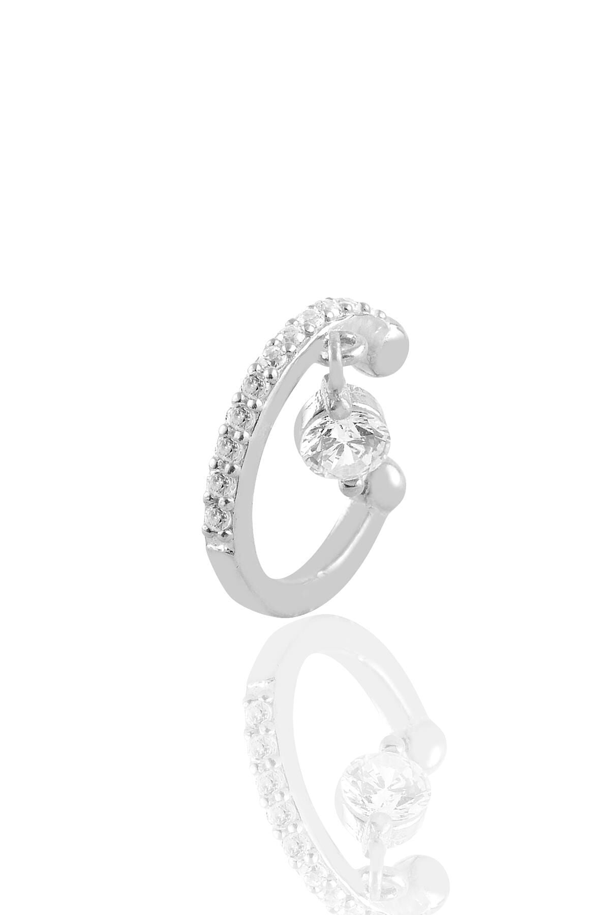 Gümüş rodyumlu tek taş sallantılı gümüş  kıkırdak küpe SGTL10699RODAJ