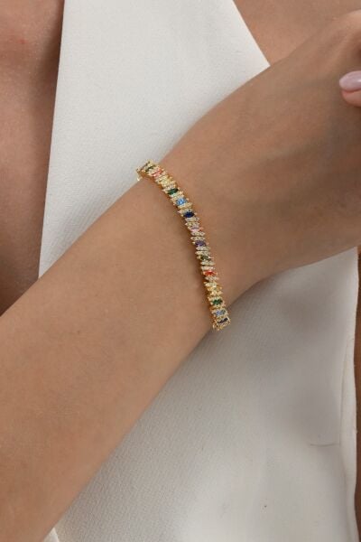 925 ayar gümüş altın yaldızlı renkli marquise (MARKİZ) kesim zirkon taşlı ışıltı seli gümüş bileklik SGTL13069GOLD