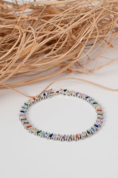 925 ayar gümüş rodyumlu renkli marquise (MARKİZ) kesim zirkon taşlı ışıltı seli gümüş bileklik SGTL13069RENKLI