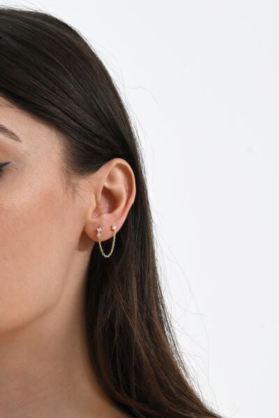 925 ayar gümüş altın yaldızlı kristal kesim zirkon taşlı çift delikli kullanılabilen gümüş zincir küpe SGTL13072GOLD