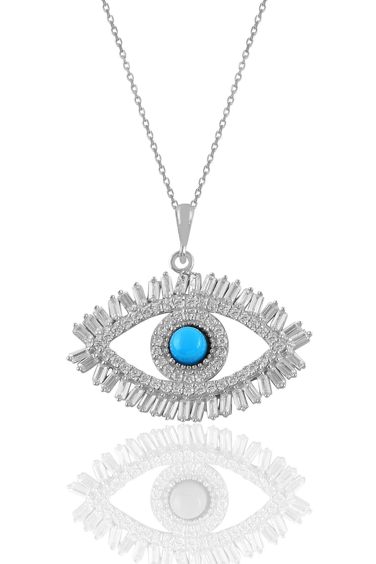Gümüş rodyumlu turkuaz ve baget taşlı göz kolye SGTL11147RODAJ