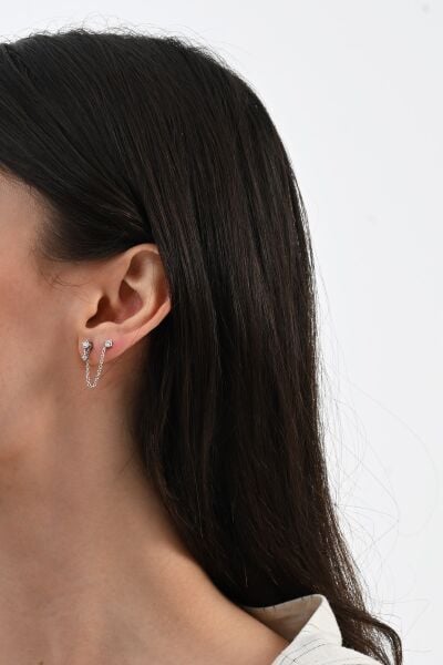 925 ayar gümüş rodyumlu zirkon taşlı çift delikli kullanılabilen gümüş zincir küpe SGTL13073RODAJ