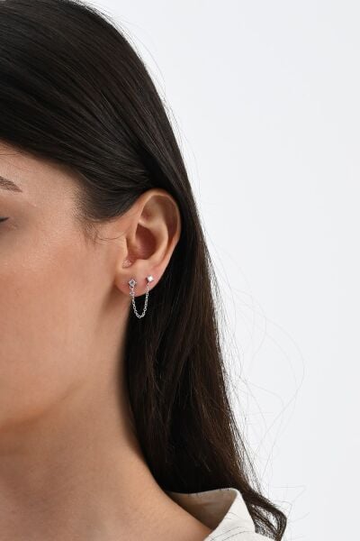 925 ayar gümüş rodyumlu zirkon taşlı çift delikli kullanılabilen gümüş zincir küpe SGTL13073RODAJ