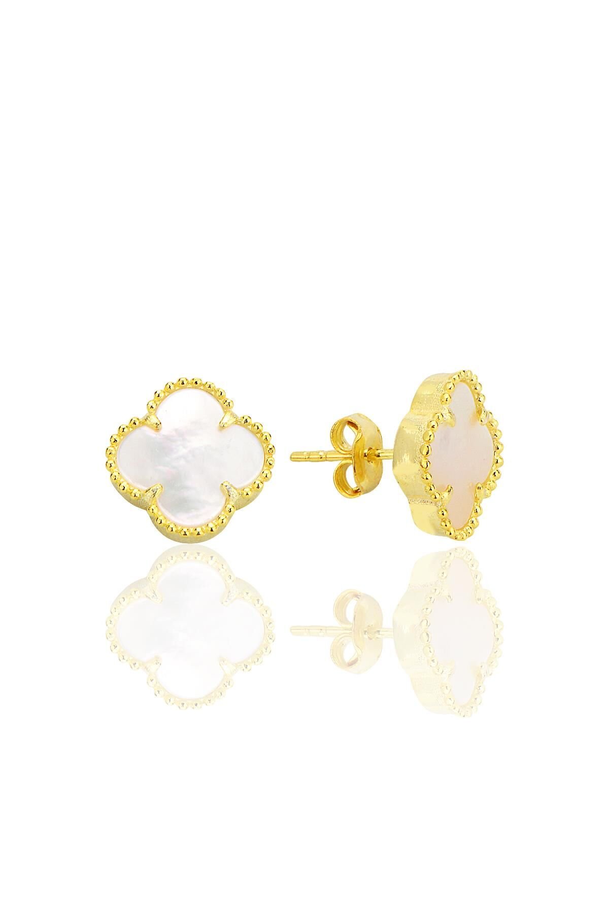 Gümüş altın yaldızlı sedef taşlı tasarım yonca küpe SGTL12547BEYAZ