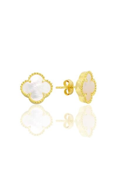 Gümüş altın yaldızlı sedef taşlı tasarım yonca küpe SGTL12547BEYAZ