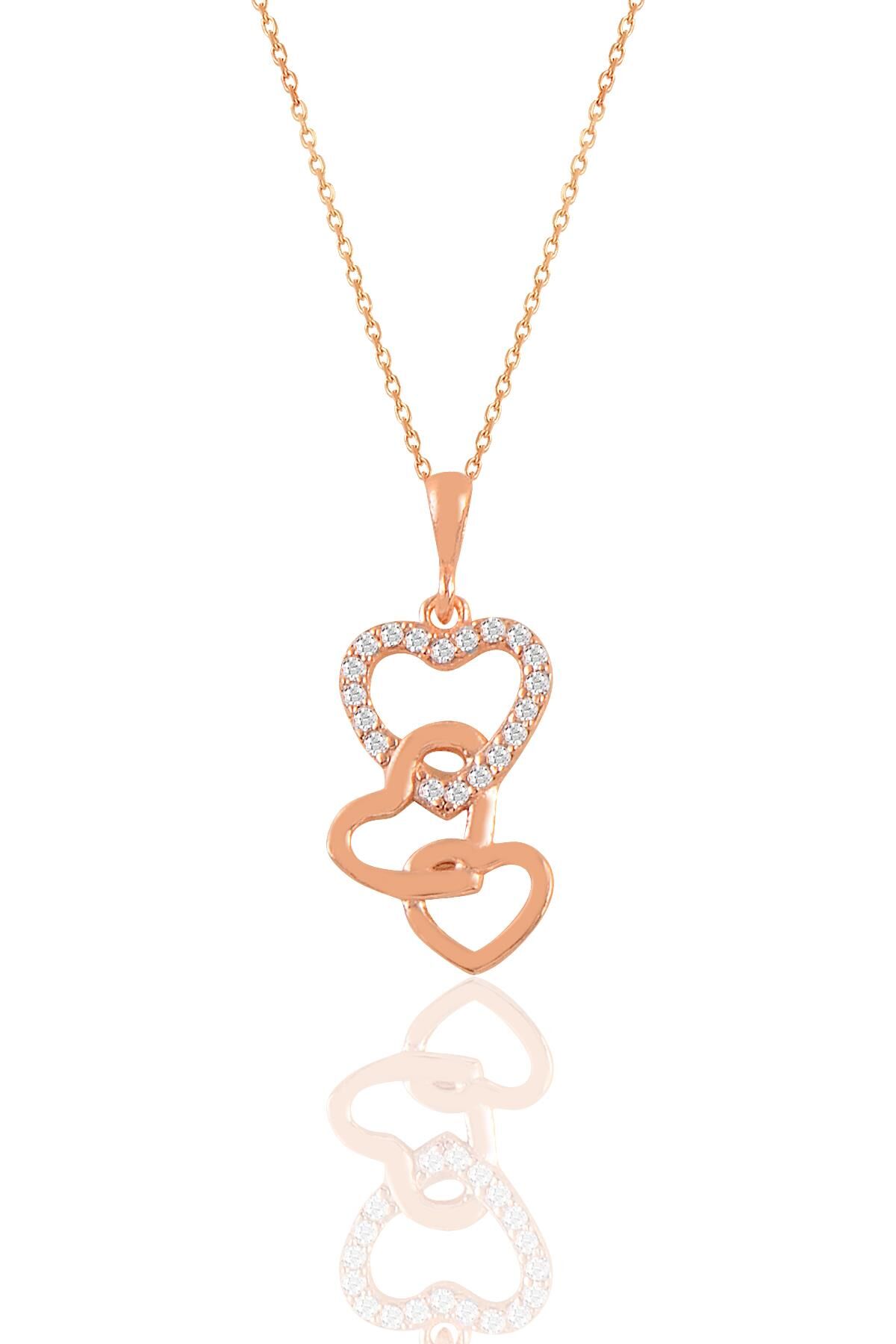 Gümüş rose zirkon taşlı birleşen kalpler kolye SGTL11146ROSE