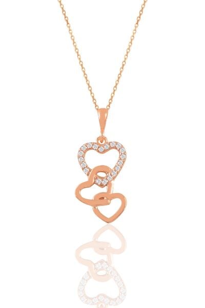 Gümüş rose zirkon taşlı birleşen kalpler kolye SGTL11146ROSE