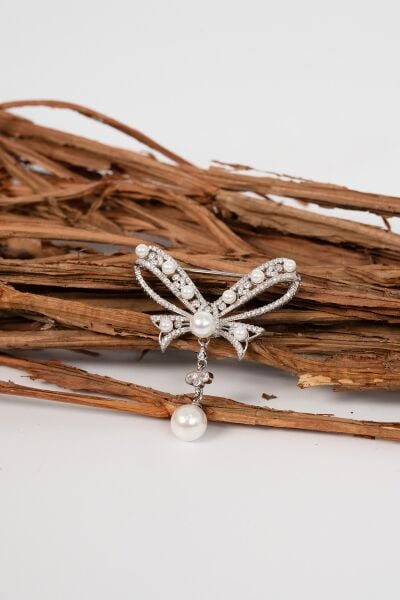 925 ayar gümüş rodyumlu zirkon taşlı fiyonk modeli incili gümüş broş yaka iğnesi SGTL13074RODAJ