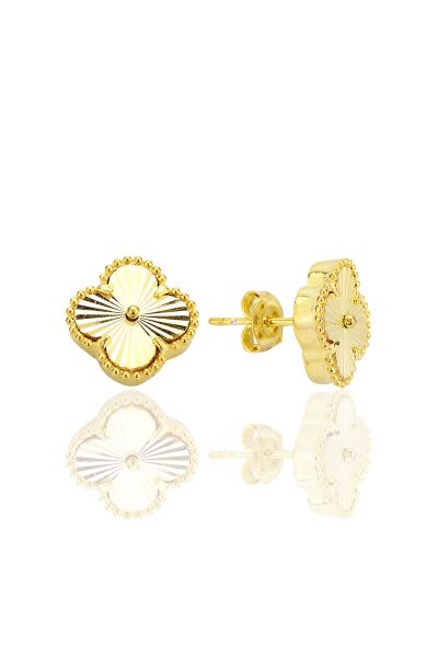 Gümüş altın yaldızlı lazer işlemeli tasarım yonca küpe SGTL12547GOLD