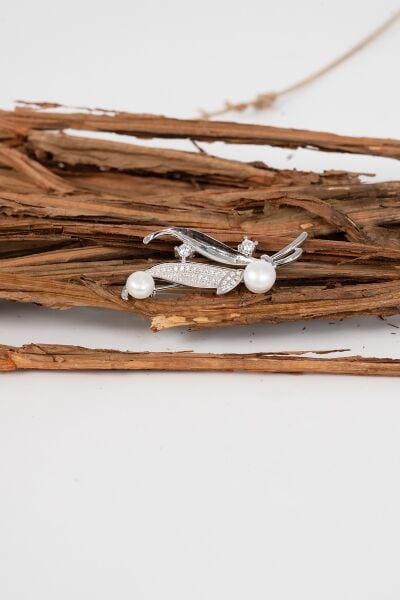 925 ayar gümüş rodyumlu zirkon taşlı yaprak modeli incili gümüş broş yaka iğnesi SGTL13075RODAJ