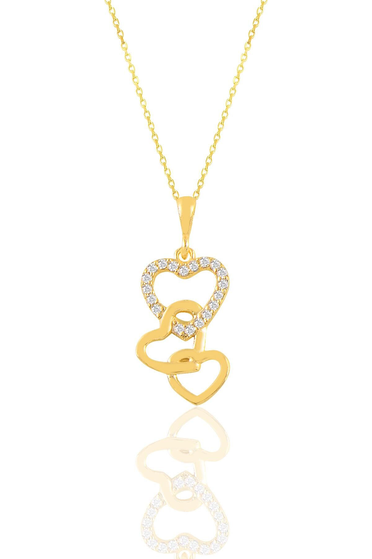 Gümüş altın yaldızlı zirkon taşlı birleşen kalpler kolye SGTL11146GOLD