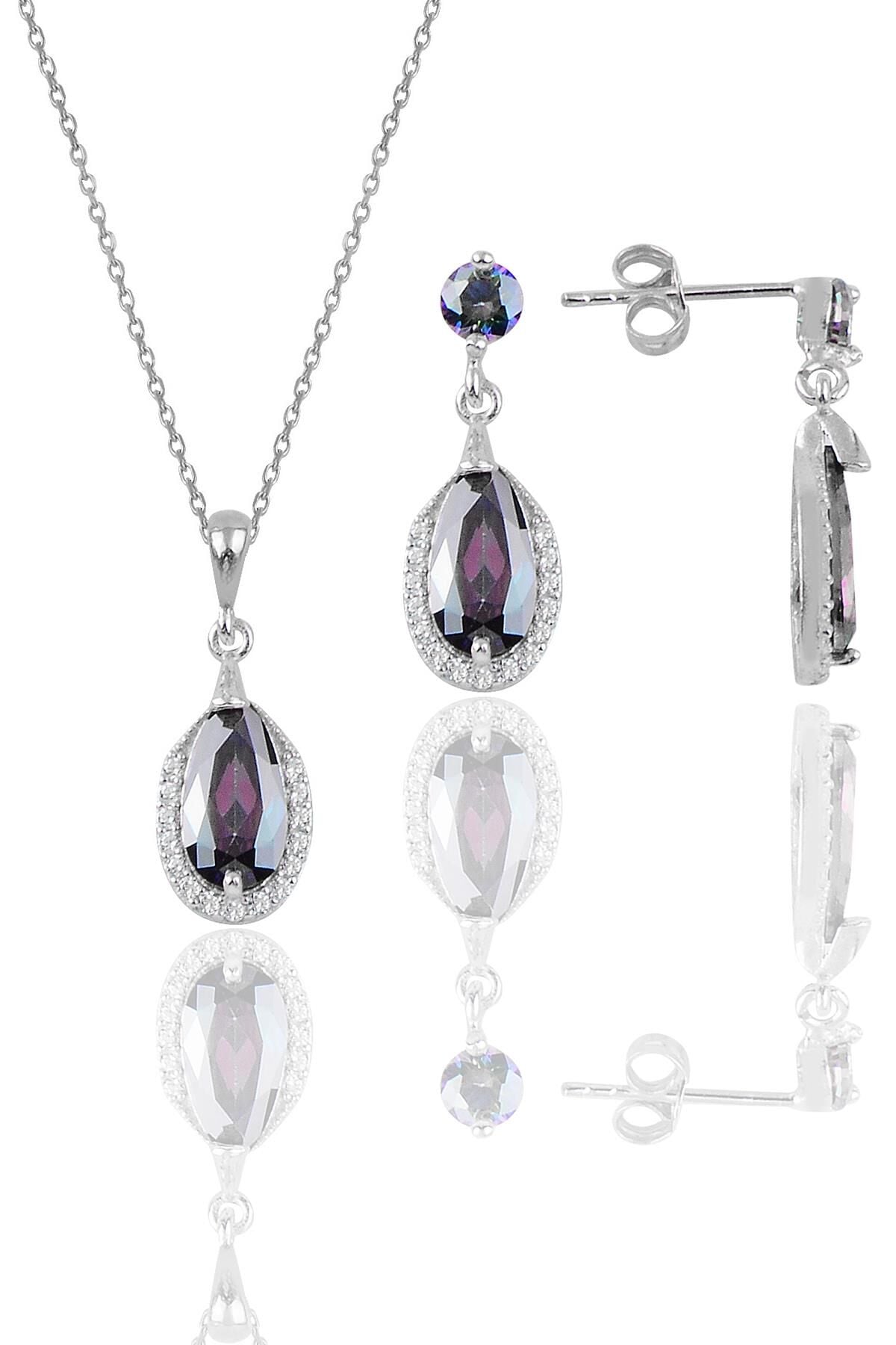 Gümüş rodyumlu mistik taşlı damla modeli kolye ve küpe ikili set SGTL12074MISTIK