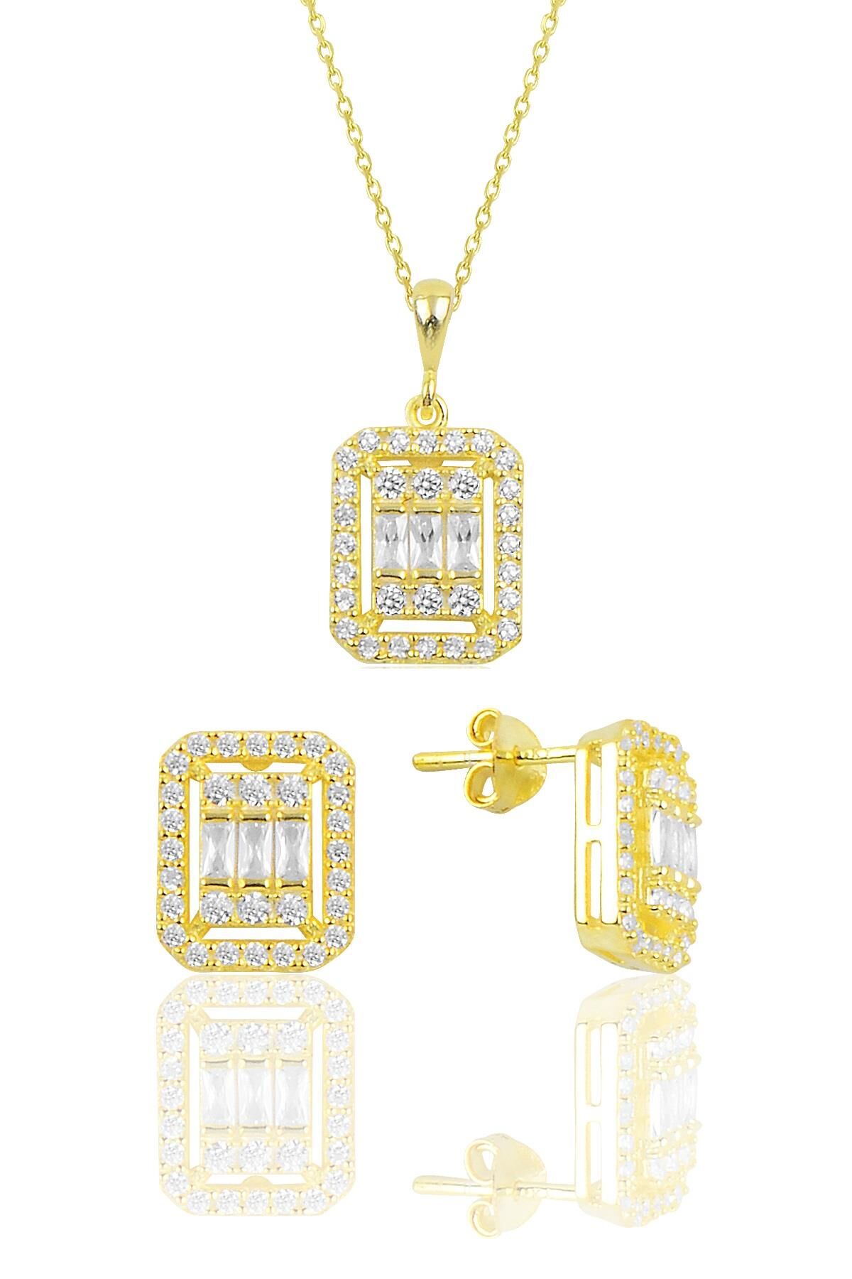 Gümüş altın yaldızlı baget taşlı ikili set SGTL10131GOLD