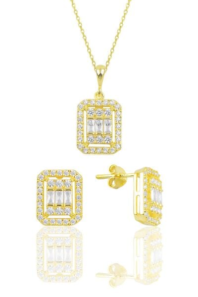 Gümüş altın yaldızlı baget taşlı ikili set SGTL10131GOLD