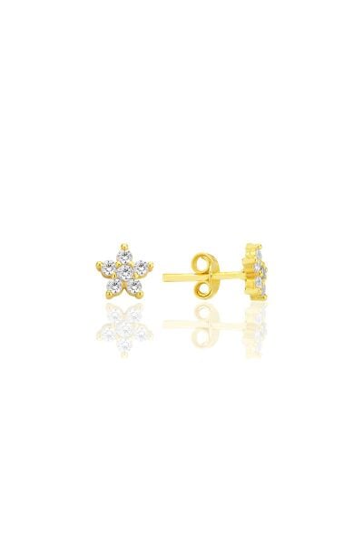 Gümüş altın yaldızlı zirkon taşlı çiçek küpe SGTL12550GOLD