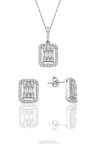 Gümüş rodyumlu baget taşlı ikili set SGTL10131RODAJ
