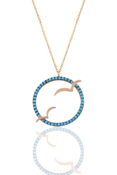 Gümüş rose turkuaz taşlı ikili martı kolye SGTL10890MAVI