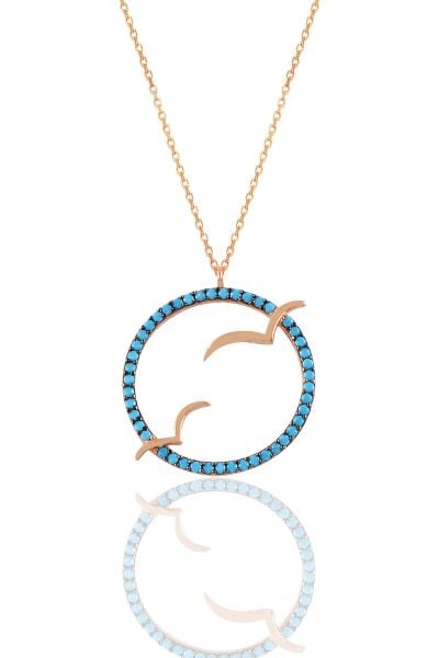 Gümüş rose turkuaz taşlı ikili martı kolye SGTL10890MAVI