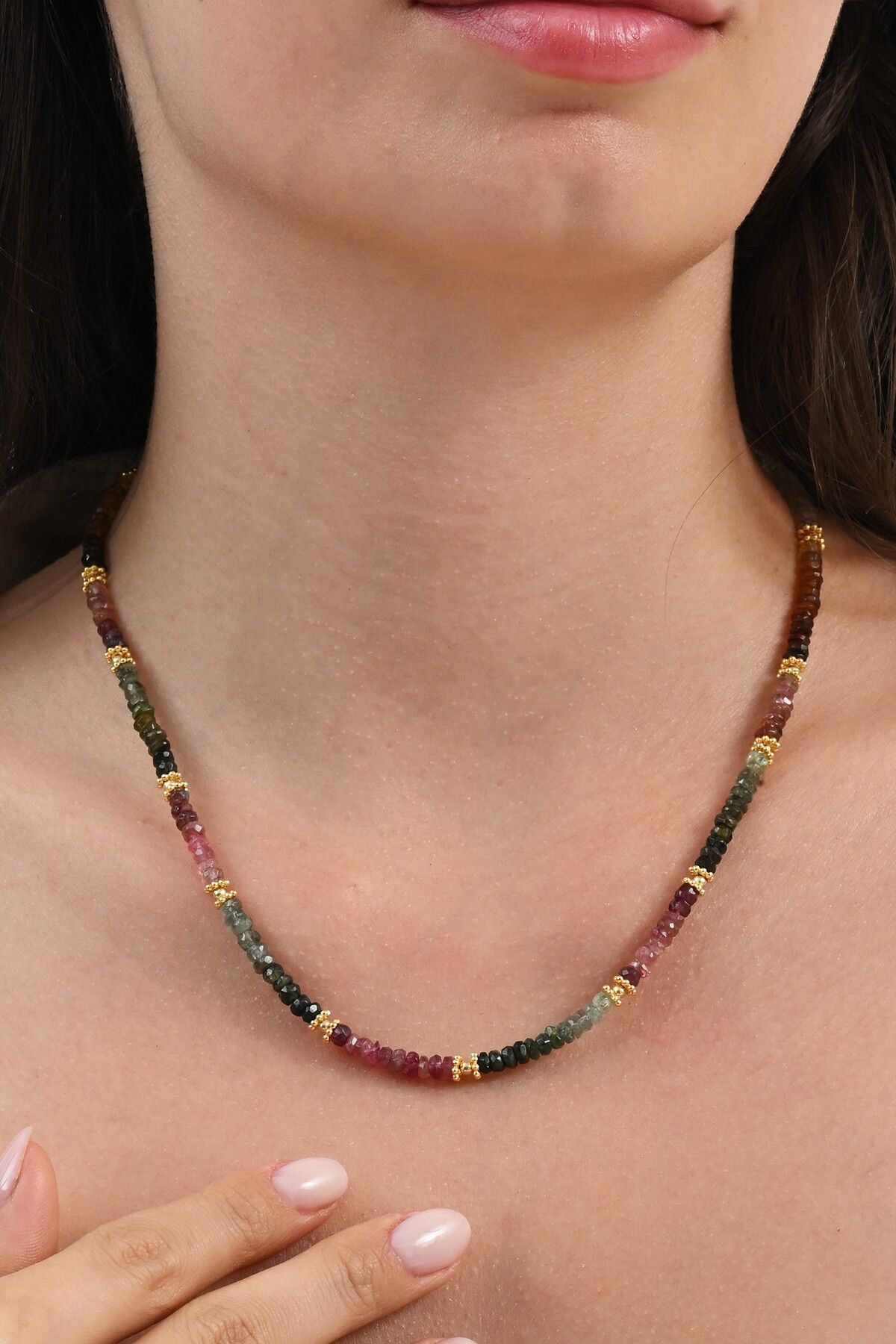 925 Ayar gümüş altın yaldızlı turmalin doğal taşlı dizi kolye SGTL13087RENKLI