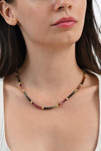 925 Ayar gümüş altın yaldızlı turmalin doğal taşlı dizi kolye SGTL13087RENKLI