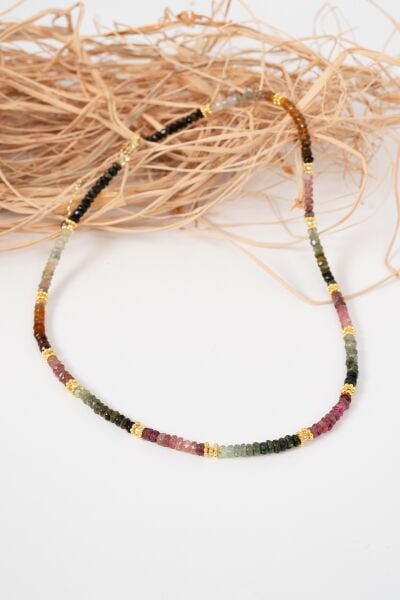 925 Ayar gümüş altın yaldızlı turmalin doğal taşlı dizi kolye SGTL13087RENKLI