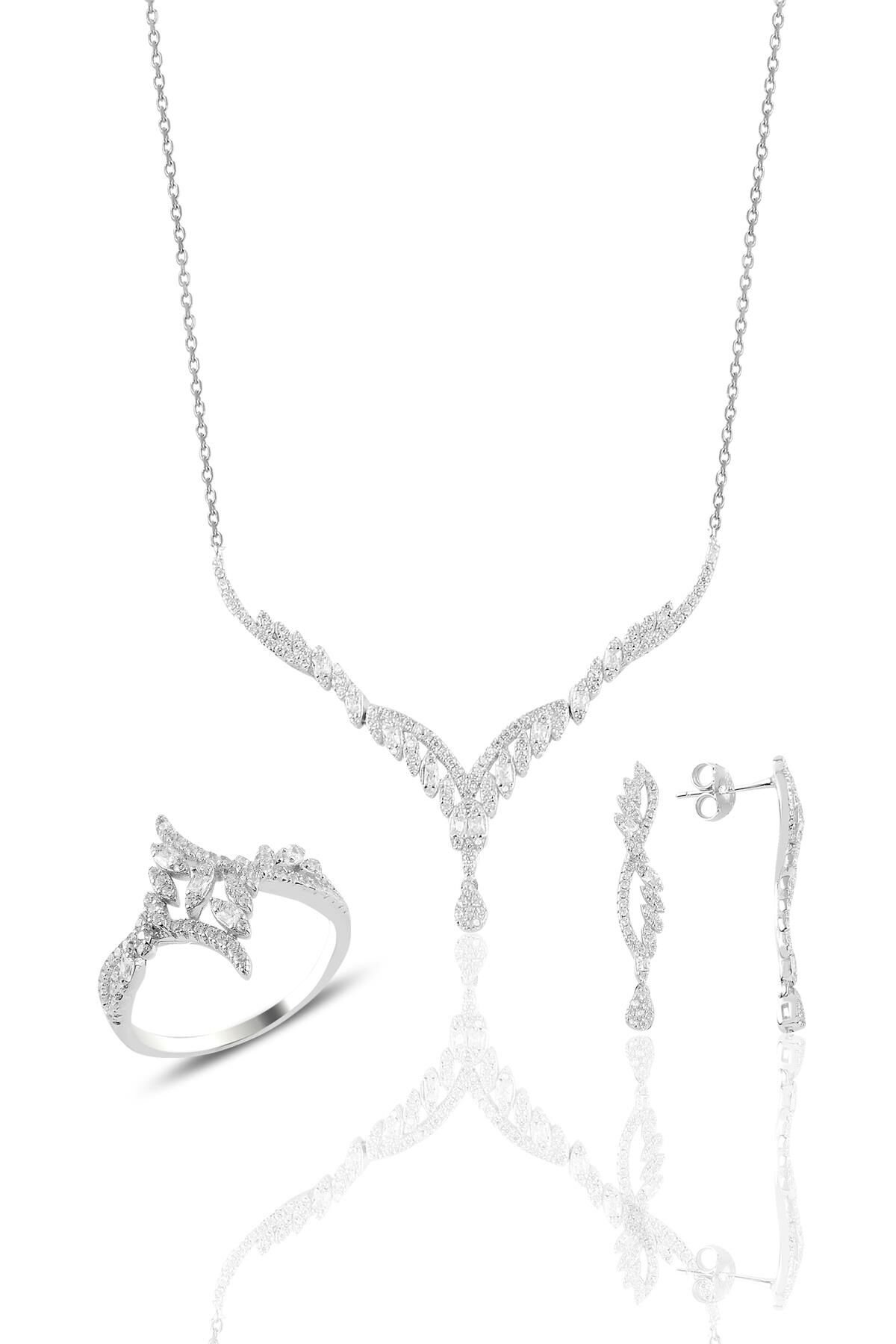 Gümüş rodyumlu  pırlanta modeli beyaz altın görünümlü kolye küpe ve yüzük seti SGTL10942