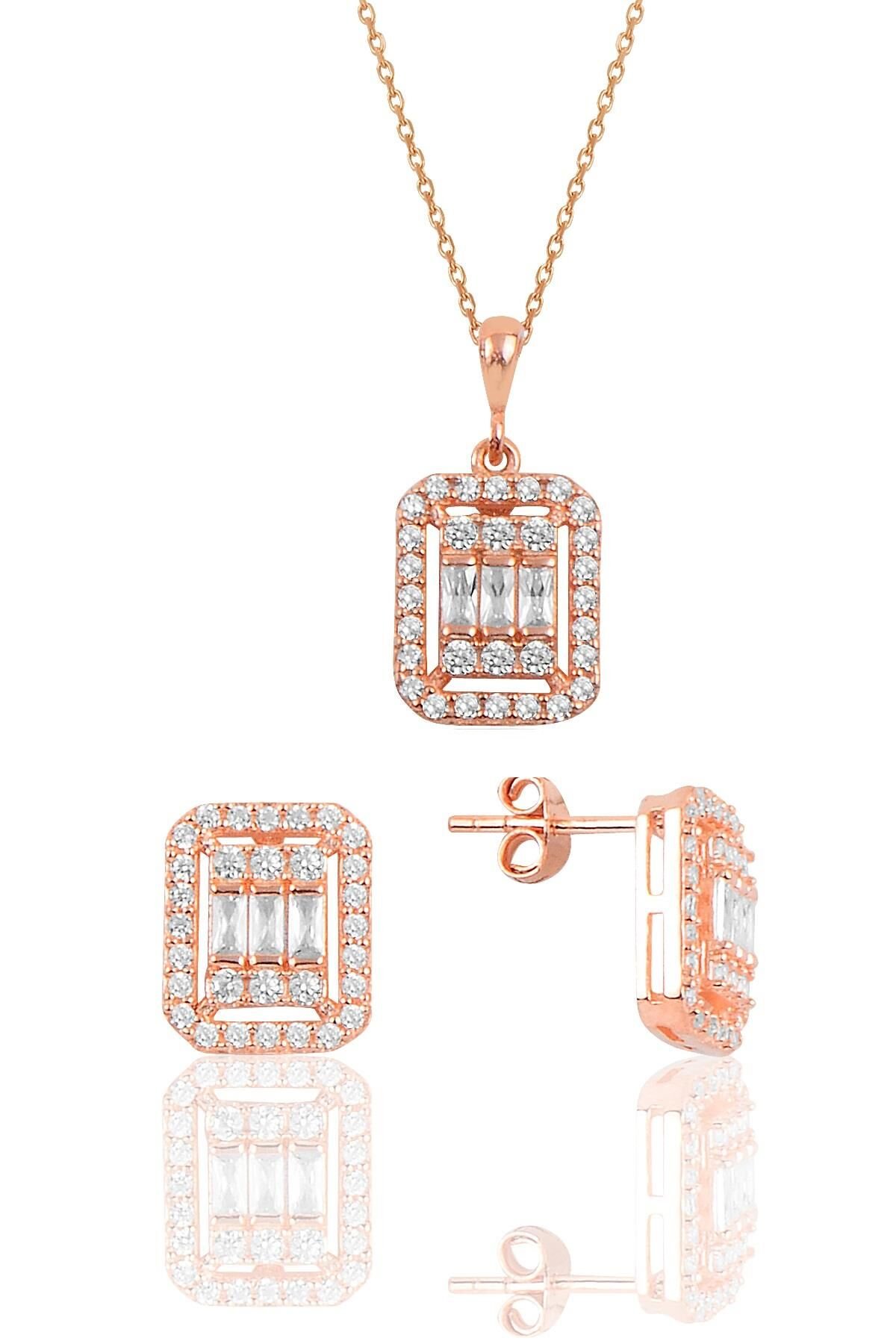 Gümüş rose baget taşlı ikili set SGTL10131ROSE