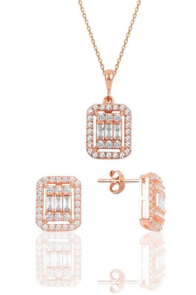Gümüş rose baget taşlı ikili set SGTL10131ROSE