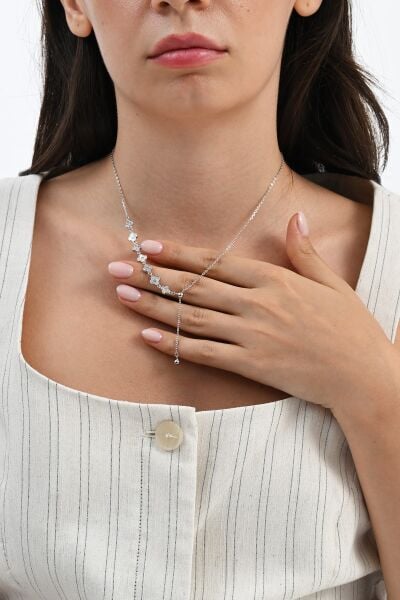 925 Ayar gümüş rodyumlu sedef ve zirkon taşlı asansörlü yedili yonca kolye  SGTL13090RODAJ