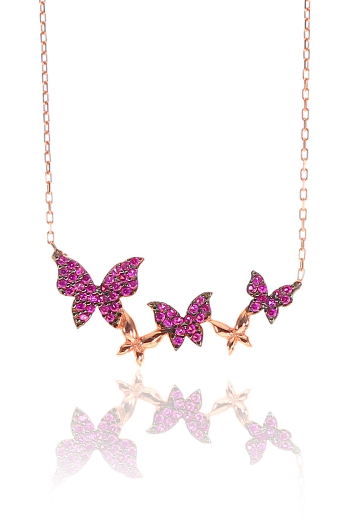 Gümüş füşya taşlı uçan kelebekler kolyesi SGTL9299