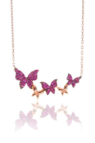 Gümüş füşya taşlı uçan kelebekler kolyesi SGTL9299