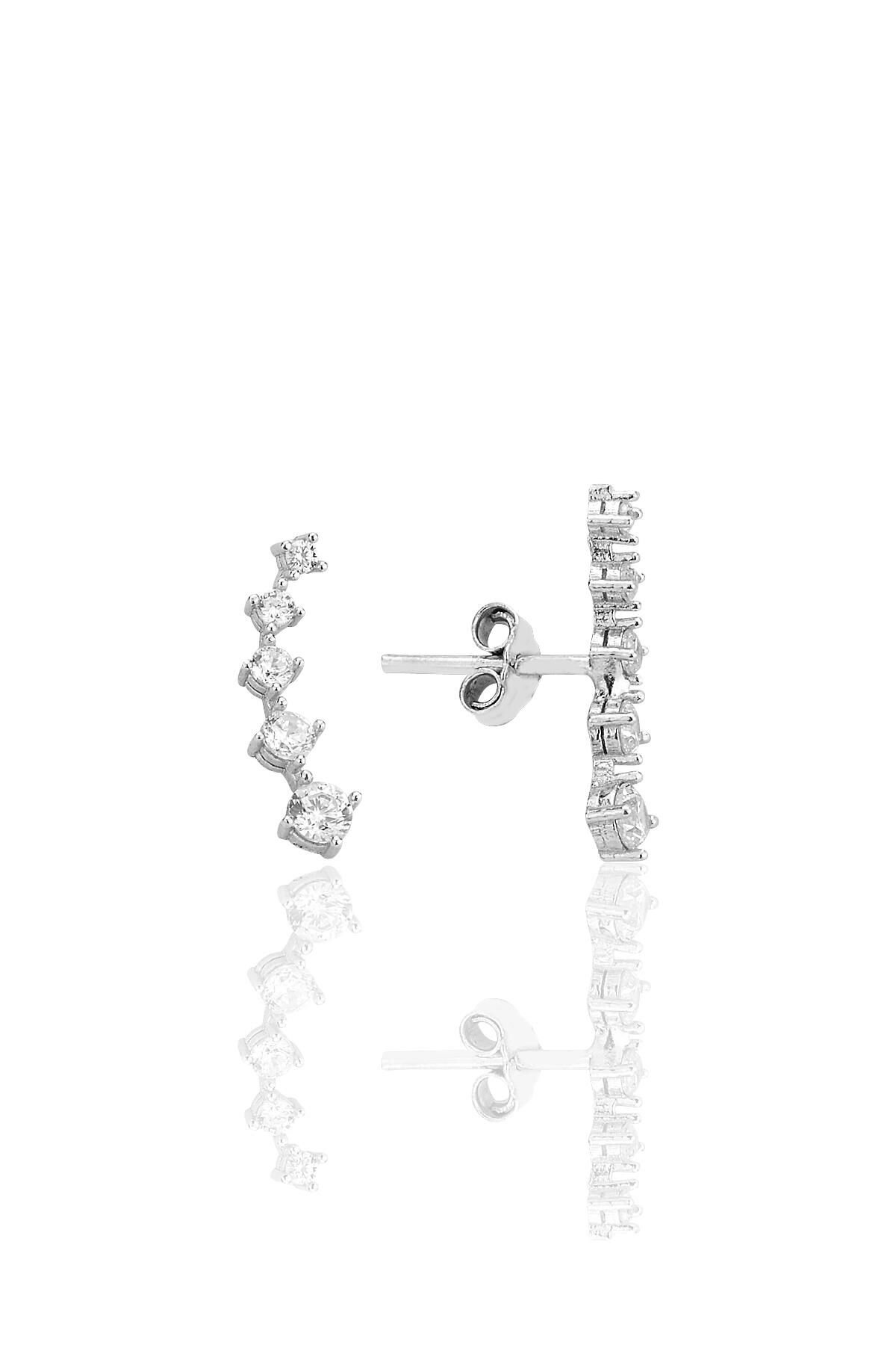 Gümüş rodyumlu zirkon taşlı beş taşlı vidalı küpe SGTL12552RODAJ