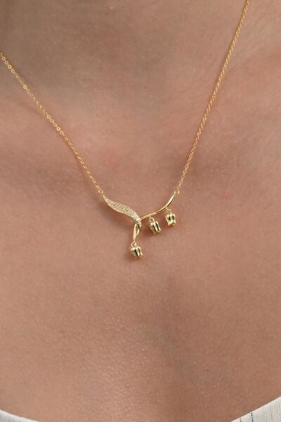 925 Ayar gümüş altın yaldızlı zirkon taşlı sarkan laleler tomurcuk kolye SGTL13092GOLD