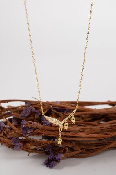 925 Ayar gümüş altın yaldızlı zirkon taşlı sarkan laleler tomurcuk kolye SGTL13092GOLD